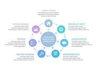 Naklejka premium Modern circular diagram infographic with seven connected steps, vector eps10 illustration