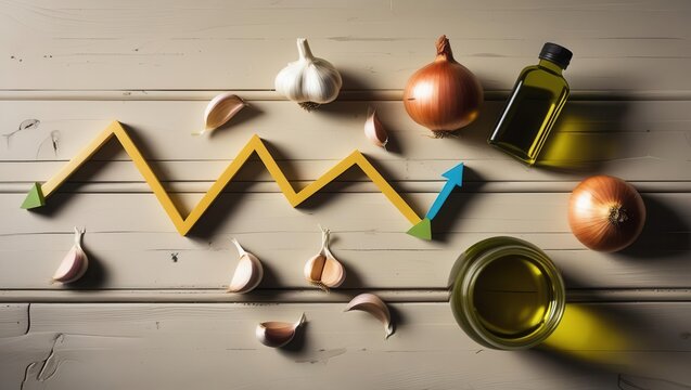 Analyzing food trends with garlic onions olive oil on wooden surface still life close-up culinary insights