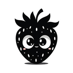 Obraz premium Cartoon Strawberry Black Silhouette Vector with Big Eyes and Leafy Crown on White Background