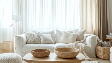 97.A contemporary Scandinavian living room with a sleek white sofa as the focal point, paired with a light wooden coffee table. The room is styled in a light beige color scheme, with soft curtains