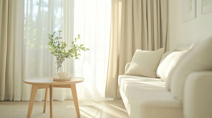 98.A cozy and minimalist Scandinavian living room with a white sofa, a simple wooden coffee table, and soft beige curtains that allow natural light to gently fill the space. The neutral tones of the