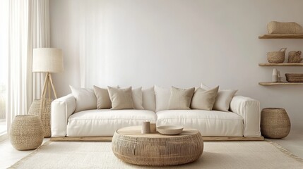 97.A contemporary Scandinavian living room with a sleek white sofa as the focal point, paired with a light wooden coffee table. The room is styled in a light beige color scheme, with soft curtains