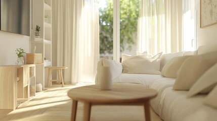 99.A light and airy Scandinavian-style living room with a focus on minimalist design, featuring a white sofa with soft, inviting cushions. The wooden coffee table complements the light-colored