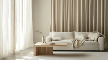 98.A cozy and minimalist Scandinavian living room with a white sofa, a simple wooden coffee table, and soft beige curtains that allow natural light to gently fill the space. The neutral tones of the