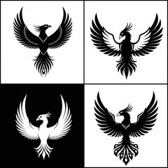 Obraz premium Four Stylized Phoenixes in Black and White Design