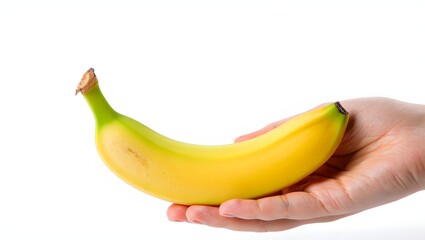 A single ripe yellow banana held gently in a person's hand against a stark white background.