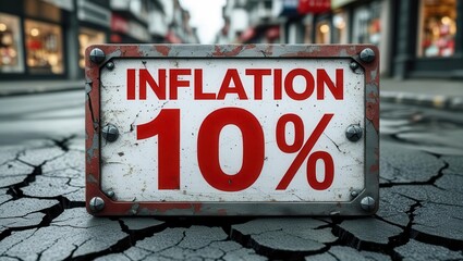 Economic crisis signage indicating 10% inflation in urban business district informative image street view