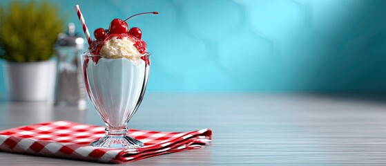 commercial food beverage plating concept. Delicious sundae topped with cherries, served on a checkered napkin in a vibrant setting.