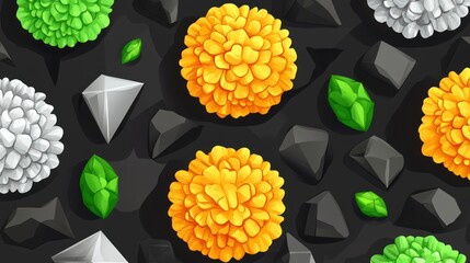 Colorful flowers and geometric shapes on a dark background