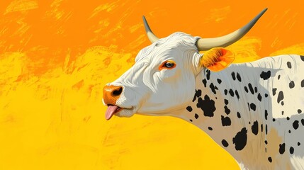 White cow with orange accents, spotted, tongue out, against an orange background