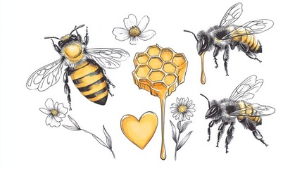 Honeybees, honeycomb, flowers, heart