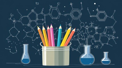 Colorful pencils in a metal container, surrounded by science-themed graphics
