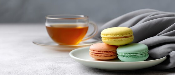 commercial food beverage plating concept. A cup of tea beside colorful macarons on a soft cloth backdrop.