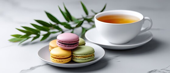 commercial food beverage plating concept. A cup of tea with colorful macarons and a plant in a serene setting.