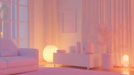 Soft, pastel-toned living room at twilight
