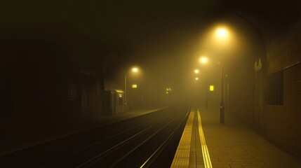 Foggy night station platform