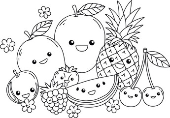 A cheerful party of kawaii fruits! This cute coloring page features a happy pineapple, mango, cherries, and watermelon, all smiling together in a friendly bunch ready for color.
