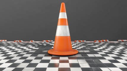 Orange traffic cone on checkered floor