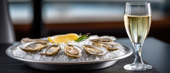 commercial food beverage plating concept. Elegant oysters served with lemon and champagne on a stylish platter.