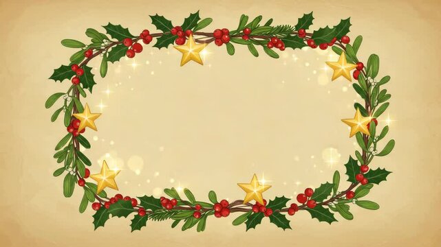 Holly, mistletoe, and golden star ornaments frame a tan surface, creating festive, elegant, sparkling Christmas border for holiday messages.