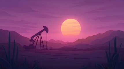 Oil rig at sunset, desert landscape