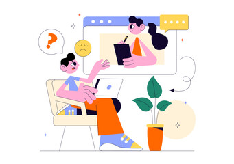 Online Therapist Consultation Vector Illustration Featuring Psychological Counseling and Practice via Smartphone Video Call on Screen in a Background