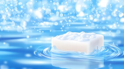 Soap bar in water, light blue background