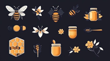 Honey bee collection with honeycomb and flowers