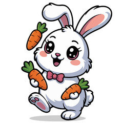 Cute rabbit bunny animal playing carrots vector illustration on white background., rabbit, bunny, cartoon, drawing, isolated.
