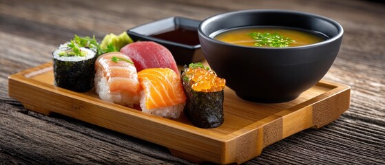 commercial food beverage plating concept. Delicious sushi platter with miso soup on a wooden tray.
