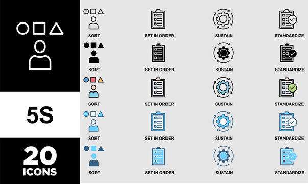 5S icon set with various styles and colors of 5s banner web icon vector illustration for lean manufacturing methodology of cleaning organization system with sort, set in order, shine, standardize, and