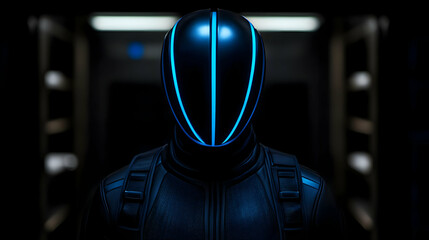 Futuristic Figure in Glowing Blue Helmet