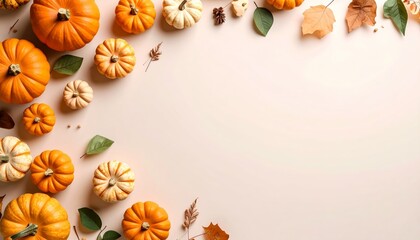 Fototapeta premium Autumn minimalist flat lay with pumpkins and foliage creates a seasonal harvest theme