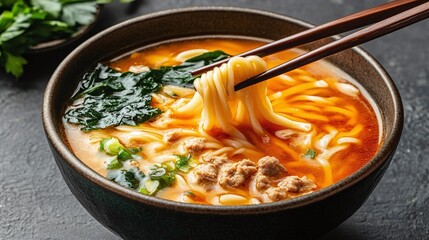 Spicy Noodle Dish in Dark Bowl with Chopsticks
