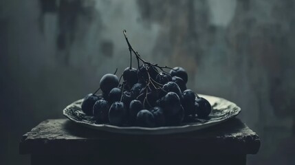 Dark berries on antique plate