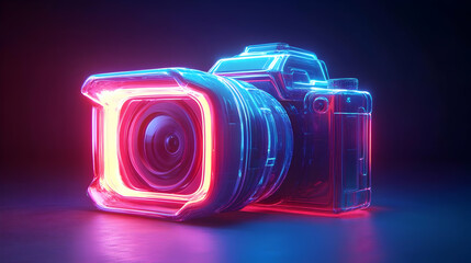 Futuristic Glowing Camera in Neon Pink and Blue Light