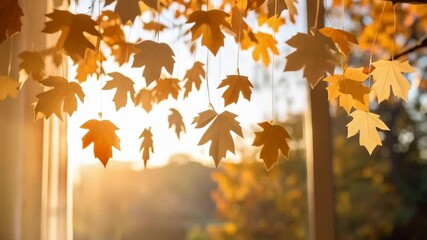 Warm golden maple leaf garland decorates a window with sunshine light, creating cozy autumn home atmosphere with blurry outdoor autumn trees. - Powered by Adobe
