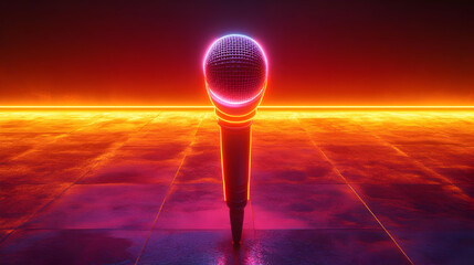Futuristic Glowing Microphone in Neon Landscape