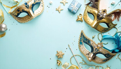 Elegant carnival masks flat lay with festive decorations and copy space
