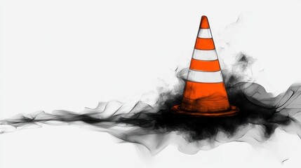 Orange traffic cone in smoky haze