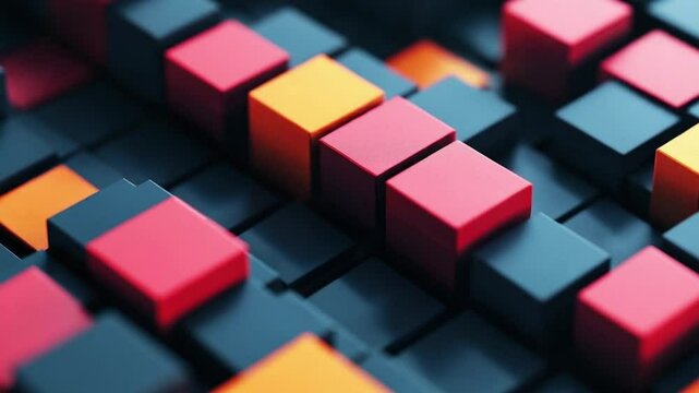 A geometric pattern of raised rectangular blocks in red, orange, and dark blue, creating a visually dynamic abstract grid, 3D Technology Motion Design