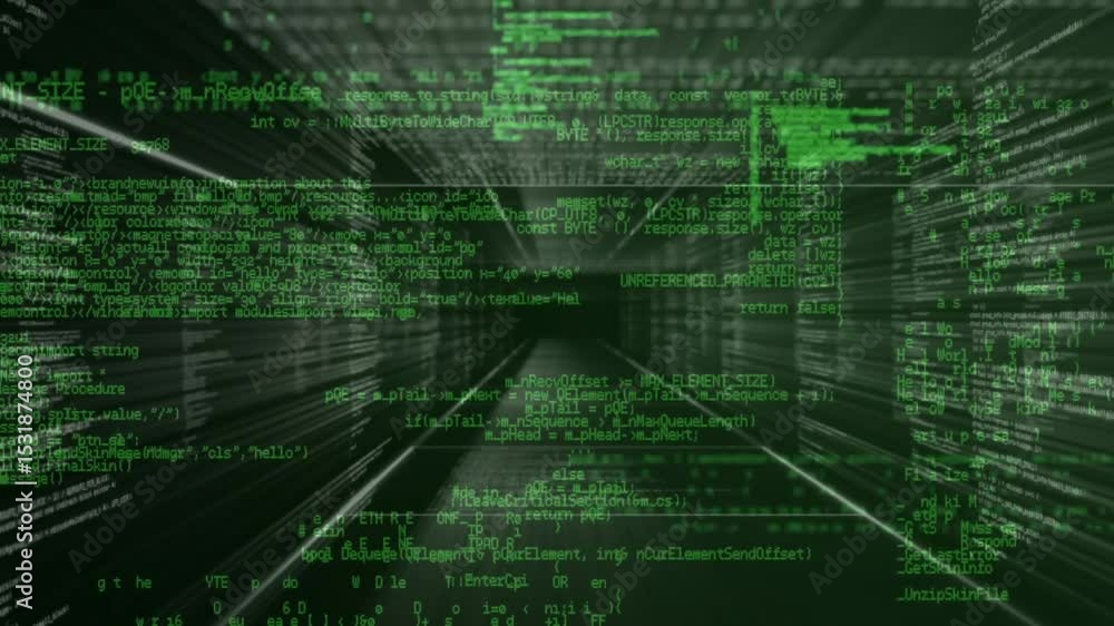Poster camera moving forward through 3d corridor stretching green code streams showing data tunnel travel