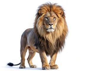 Captivating portrait of an 8-month-old male lion, Panthera leo, with a developing mane, isolated on a white background