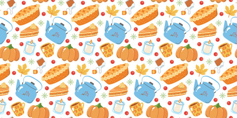 Cute cozy autumn seamless pattern featuring pumpkins, teapots, slices of cake, candles, and fall leaves. Perfect for seasonal designs, stationery, or home decor