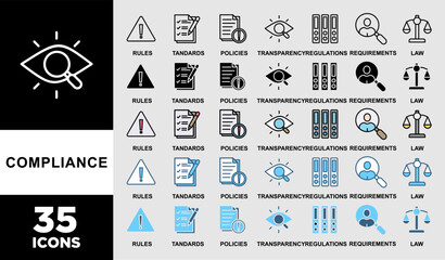 COMPLIANCE icon set with various styles and colors of rules, standards, policies, requirements, regulations, transparency, and law