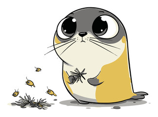 Obraz premium Cute Cartoon Seal with Big Eyes and Fish Vector Illustration