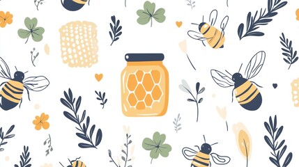 Honeybee pattern with honeycomb and flowers