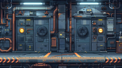Futuristic Industrial Corridor with Glowing Panels and Pipes