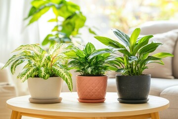 Obraz premium Three potted plants on a round table, a serene indoor scene