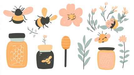 Cute bee and flower illustrations with honey jars
